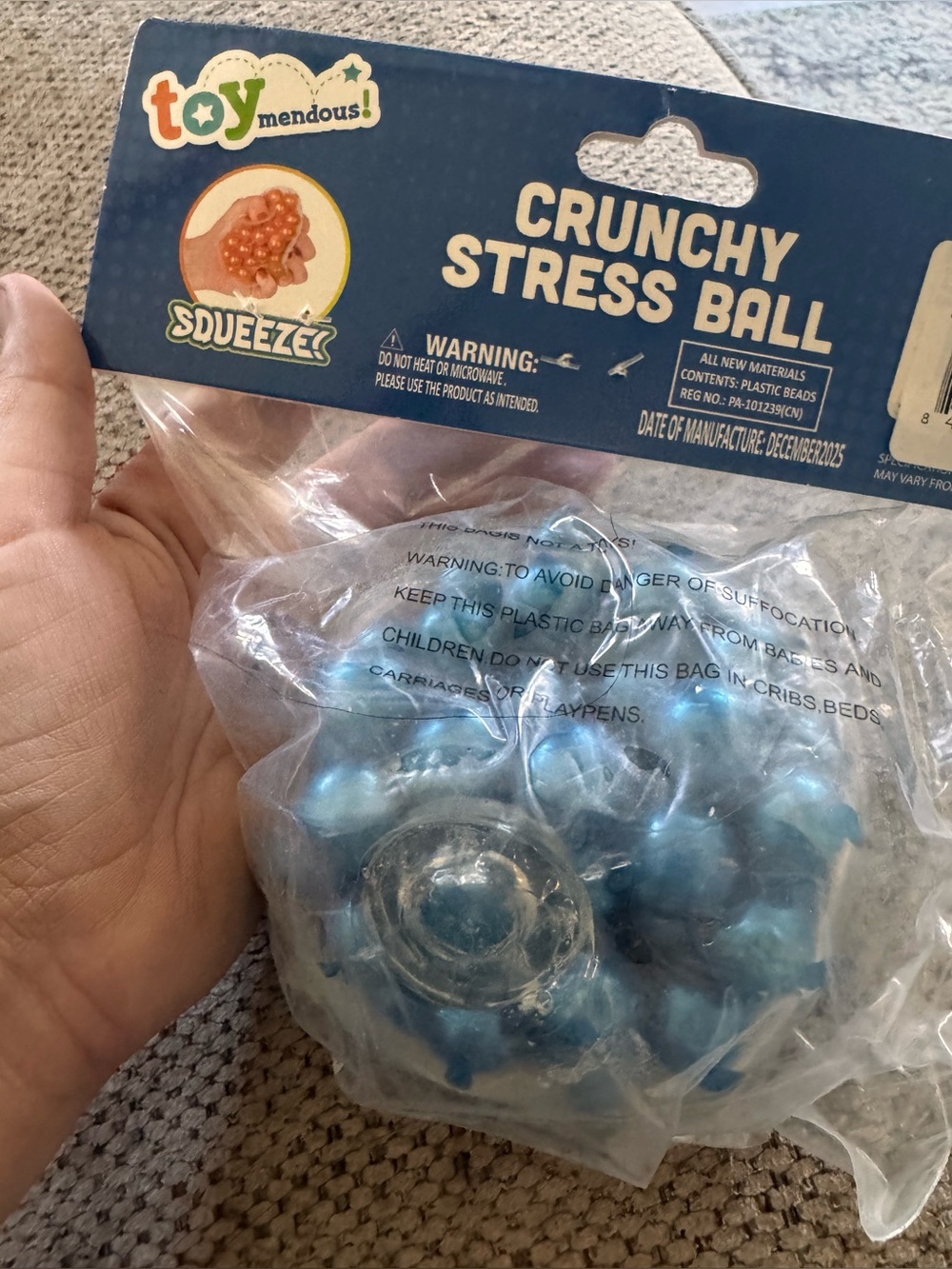 Toymendous blue crunchy stress ball squishy toy, new